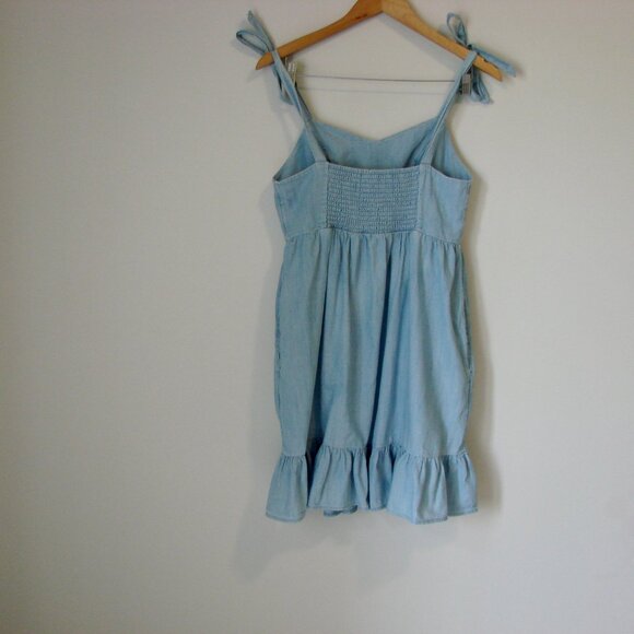 Blue Chambray Dress Old Navy Fit and Flare Cami Ruffle Tie Shoulder Size Small - Picture 8 of 11
